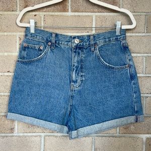 UO Medium Wash High-Rise Cuffed Mom Shorts
